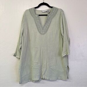CD Daniels Pale Sage Crinkle Viscose Rayon Tunic‎ Embroidered Neck Sz 2X GUC